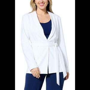 IMAN Global Chic Belted Crepe Knit Blazer White - Regular